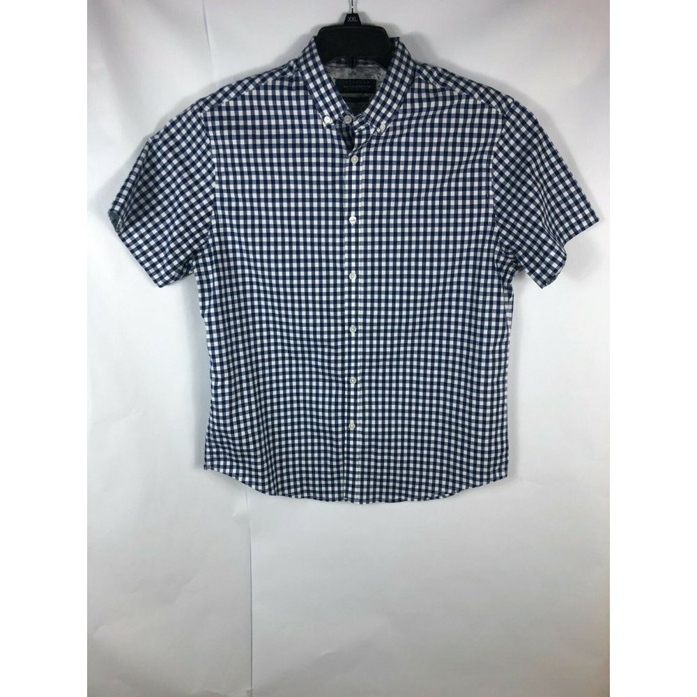 Denim Flower Slim Fit Men's Large  Short Sleeve Button Up Blue White Shirt A1